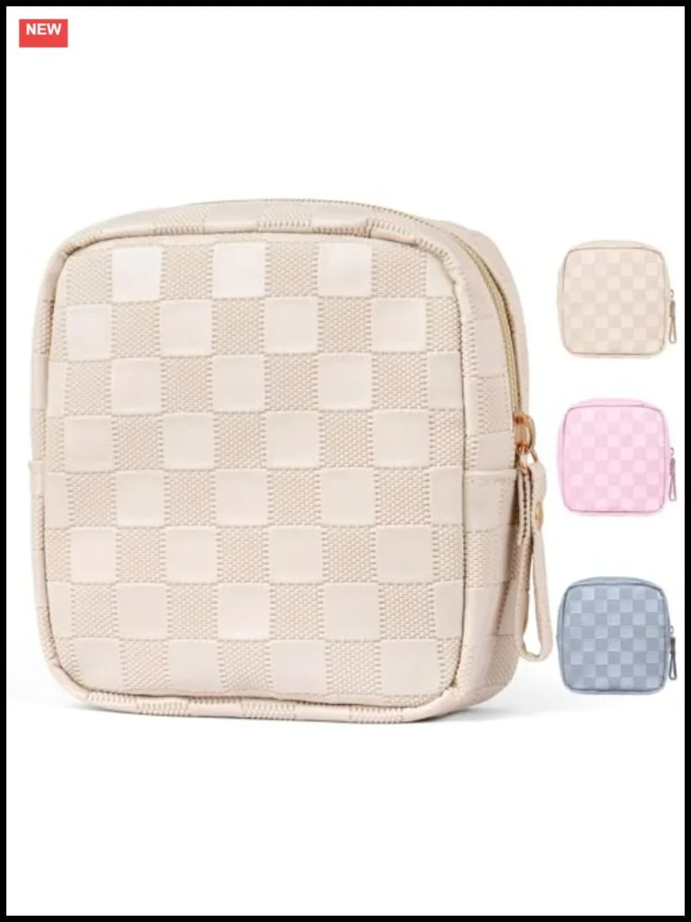 Small Leather Cosmetic Bag with Checkered Pattern, Slip-in Pockets, Travel
